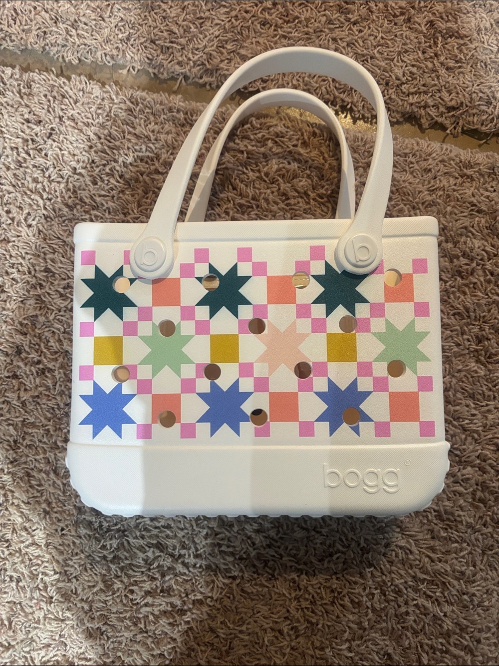 BOGG BAG White Tote with Pastel Star and Checker Pattern